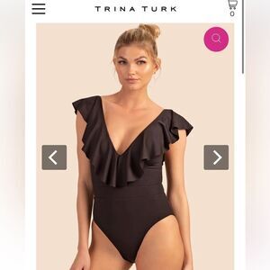 Trina Turk Monaco Solids Ruffle Plunge One Piece Swimsuit Size 2 NWT in Black